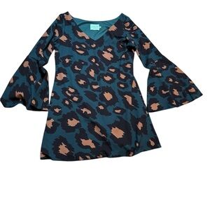 💙 JUDITH MARCH 🐆 Animal Print Flared Sleeve Dress M ✨ Blue Green Lined Boho Chic